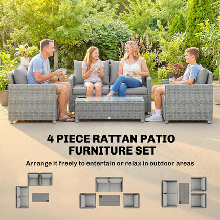 4 Piece Rattan Garden Furniture Set with Loveseat, 2 Armchairs, Glass-Top Table, Wicker Patio Conversation Set, Grey