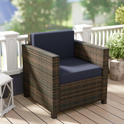 PE Rattan Garden Armchair with Cushion - Mixed Brown/Navy Blue