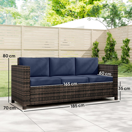 3 Seater Rattan Sofa All-Weather Wicker Weave Metal Frame Chair with Fire Resistant Cushio-Dark Blue