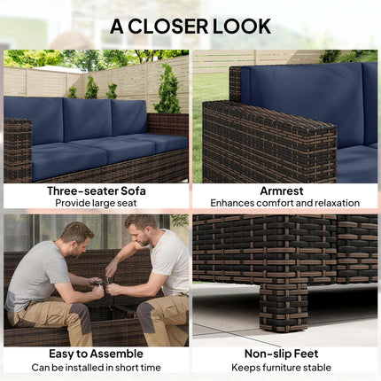 3 Seater Rattan Sofa All-Weather Wicker Weave Metal Frame Chair with Fire Resistant Cushio-Dark Blue