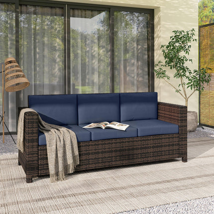 3 Seater Rattan Sofa All-Weather Wicker Weave Metal Frame Chair with Fire Resistant Cushio-Dark Blue