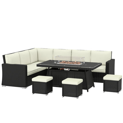 7 Pieces PE Rattan Garden Furniture Set, 50,000 BTU Gas Fire Pit Table, Double Corner Sofa and 3 Footstools