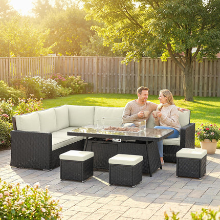 7 Pieces PE Rattan Garden Furniture Set, 50,000 BTU Gas Fire Pit Table, Double Corner Sofa and 3 Footstools