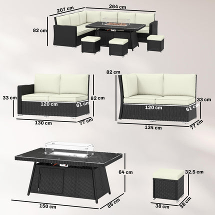 7 Pieces PE Rattan Garden Furniture Set, 50,000 BTU Gas Fire Pit Table, Double Corner Sofa and 3 Footstools