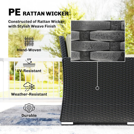 7 Pieces PE Rattan Garden Furniture Set, 50,000 BTU Gas Fire Pit Table, Double Corner Sofa and 3 Footstools
