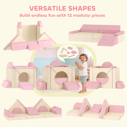 Kids Play Sofa, 12 Pieces Foam Modular Soft Play Set for Playroom, Children Convertible Sofa for Boys and Girls, Pink