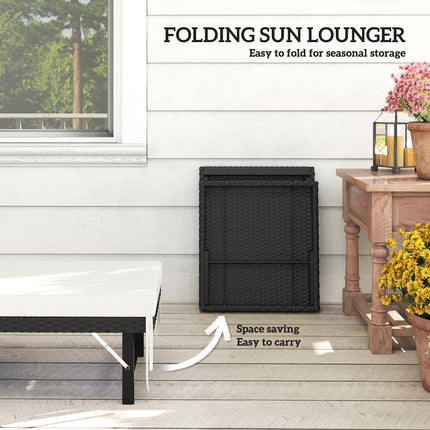 Single Folding Rattan Sun Lounger, with Cushion - Black