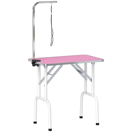 32" Foldable Dog Grooming Table Pet Drying Beauty Table Adjustable Fixed Arm Rubber Top, Pink
