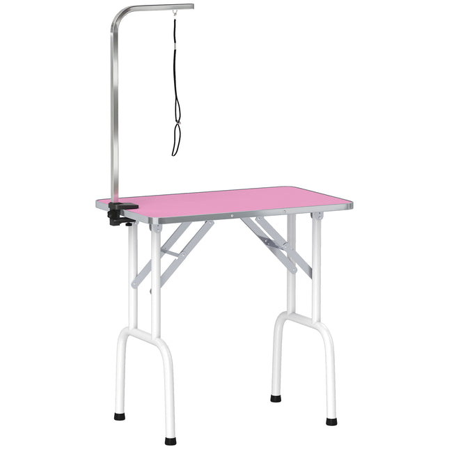32" Foldable Dog Grooming Table Pet Drying Beauty Table Adjustable Fixed Arm Rubber Top, Pink