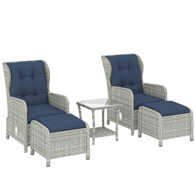 5 Piece Garden Furniture Set, Rattan Reclining Garden Chair Set of 2 with Footstool and Cushion for Balcony, Dark Blue