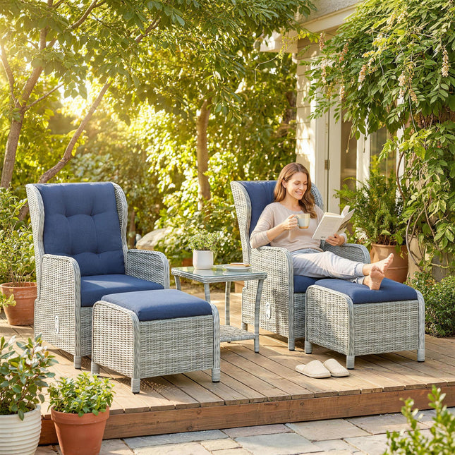 5 Piece Garden Furniture Set, Rattan Reclining Garden Chair Set of 2 with Footstool and Cushion for Balcony, Dark Blue