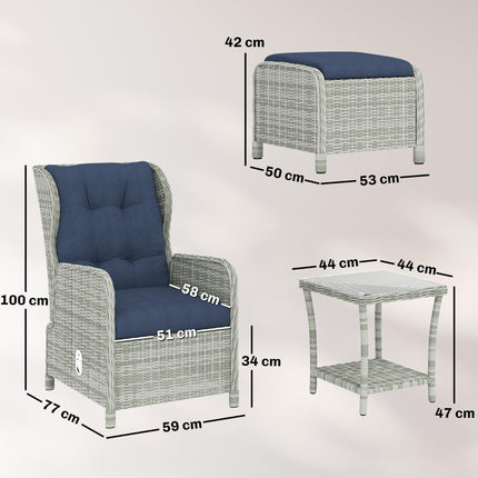 5 Piece Garden Furniture Set, Rattan Reclining Garden Chair Set of 2 with Footstool and Cushion for Balcony, Dark Blue