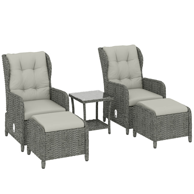 Rattan Reclining Garden Chair Set of 2 with Footstool and Cushion for Balcony, Cream