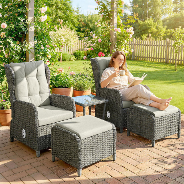 Rattan Reclining Garden Chair Set of 2 with Footstool and Cushion for Balcony, Cream
