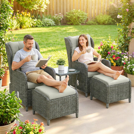 Rattan Reclining Garden Chair Set of 2 with Footstool and Cushion for Balcony, Cream