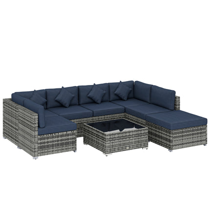 8 Pieces PE Rattan Corner Sofa Set, Outdoor Garden Furniture Set, Patio Wicker Sofa Seater w/ Cushion, Dark Blue