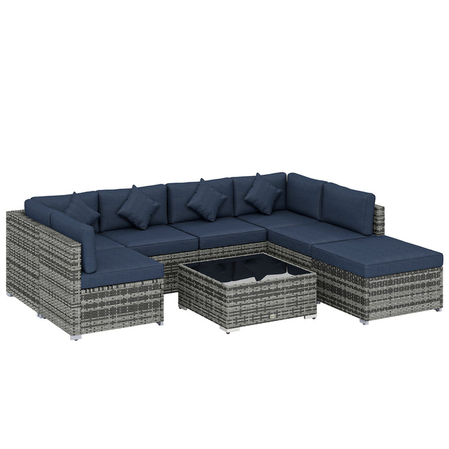 8 Pieces PE Rattan Corner Sofa Set, Outdoor Garden Furniture Set, Patio Wicker Sofa Seater w/ Cushion, Dark Blue