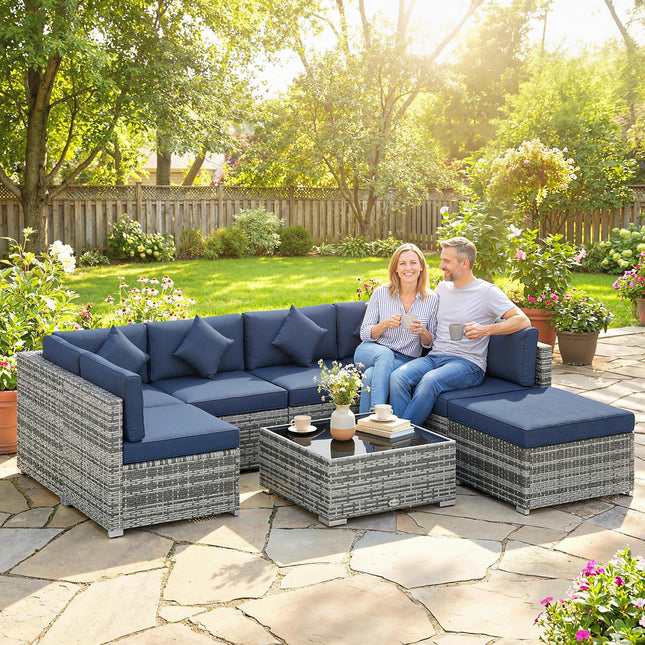 8 Pieces PE Rattan Corner Sofa Set, Outdoor Garden Furniture Set, Patio Wicker Sofa Seater w/ Cushion, Dark Blue