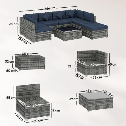 8 Pieces PE Rattan Corner Sofa Set, Outdoor Garden Furniture Set, Patio Wicker Sofa Seater w/ Cushion, Dark Blue