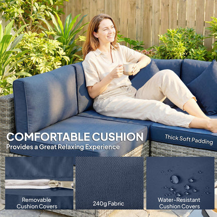 8 Pieces PE Rattan Corner Sofa Set, Outdoor Garden Furniture Set, Patio Wicker Sofa Seater w/ Cushion, Dark Blue