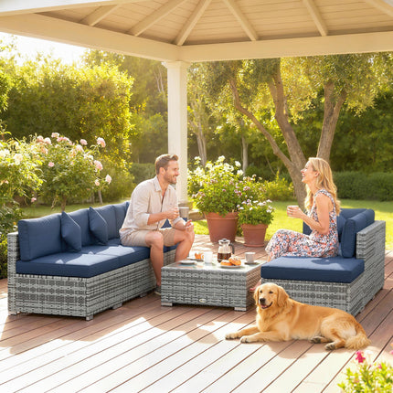 8 Pieces PE Rattan Corner Sofa Set, Outdoor Garden Furniture Set, Patio Wicker Sofa Seater w/ Cushion, Dark Blue