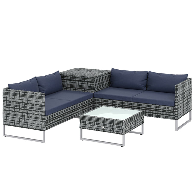 4 Piece Rattan Garden Furniture Set, Outdoor Corner Sofa Set with Storage Table, Loveseats, Cushions - Dark Blue