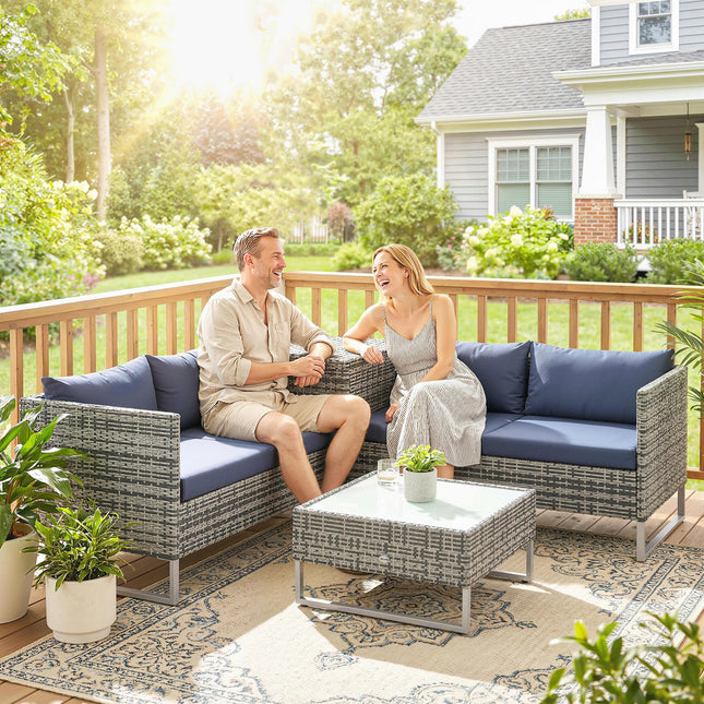 4 Piece Rattan Garden Furniture Set, Outdoor Corner Sofa Set with Storage Table, Loveseats, Cushions - Dark Blue