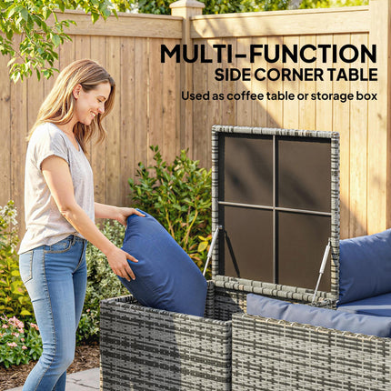 4 Piece Rattan Garden Furniture Set, Outdoor Corner Sofa Set with Storage Table, Loveseats, Cushions - Dark Blue