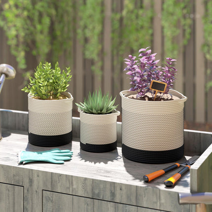 Plant Pots Handwoven Cotton Indoor Planters with Waterproof Liner Set of 3 White