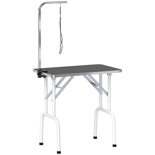 32" Foldable Dog Grooming Table Pet Drying Beauty Table Adjustable Fixed Arm Rubber Top, Black