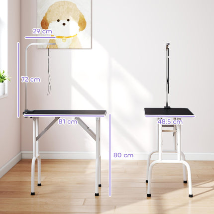 32" Foldable Dog Grooming Table Pet Drying Beauty Table Adjustable Fixed Arm Rubber Top, Black