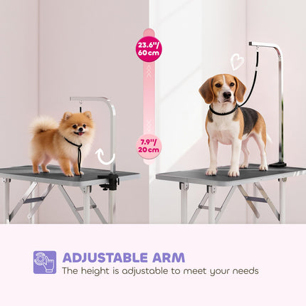 32" Foldable Dog Grooming Table Pet Drying Beauty Table Adjustable Fixed Arm Rubber Top, Black