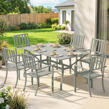 7 Pieces Garden Table and Chairs, 6 Seater Outdoor Table and Chairs with Umbrella Hole, for Garden, Light Grey