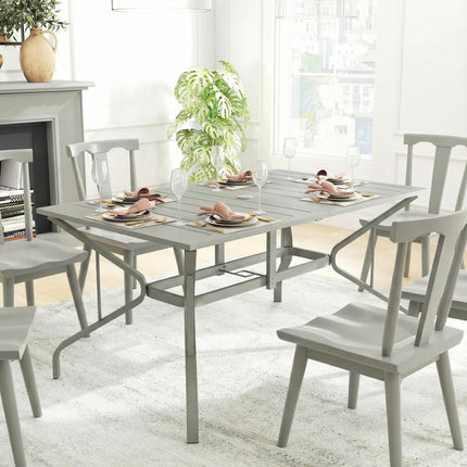 Rectangle Garden Table with Parasol Hole, Outdoor Dining Table for 6, Patio Table for Balcony, 150cm x 90cm, Light Grey