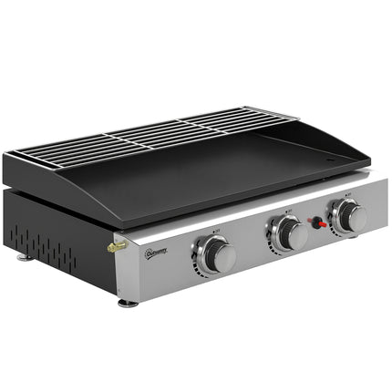 Outsunny 3 Burner Grill Griddle, Portable Gas Plancha with Warming Rack, 7.5 kW, Tabletop Gas BBQ with Grease Cup, Black