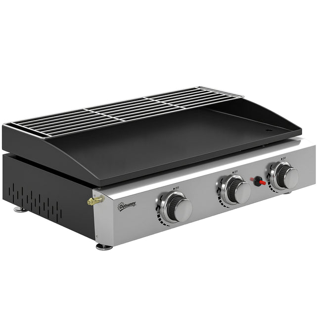 Outsunny 3 Burner Grill Griddle, Portable Gas Plancha with Warming Rack, 7.5 kW, Tabletop Gas BBQ with Grease Cup, Black