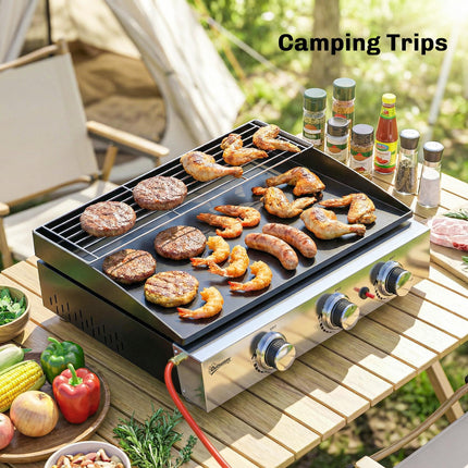 Outsunny 3 Burner Grill Griddle, Portable Gas Plancha with Warming Rack, 7.5 kW, Tabletop Gas BBQ with Grease Cup, Black