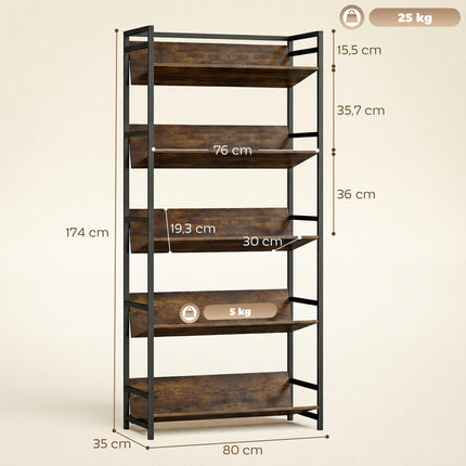 Bookshelf 5-Tier Metal Frame Room Divider Bookcase Storage Shelves for Living Room Rustic Brown