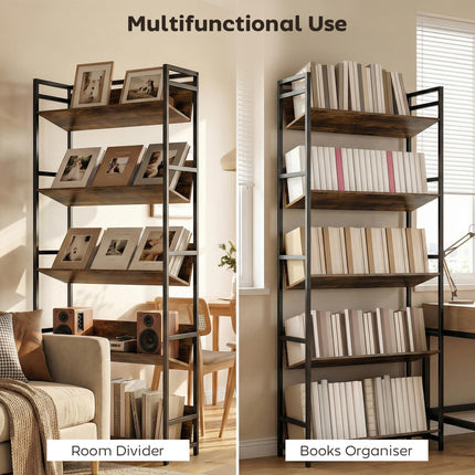 Bookshelf 5-Tier Metal Frame Room Divider Bookcase Storage Shelves for Living Room Rustic Brown