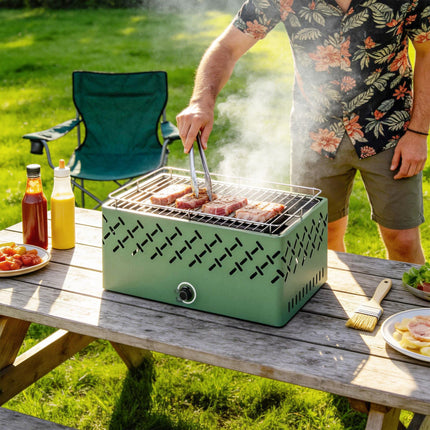 Portable Charcoal BBQ Grill, Battery Powered Barbecue Grill with Built-in Fan for Camping Picnic, Light Green