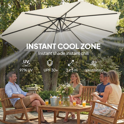 Outsunny 3 m Garden Cantilever Parasol with Cross Base, Sandbag, 360° Rotating Overhanging Banana Umbrella, Cream White