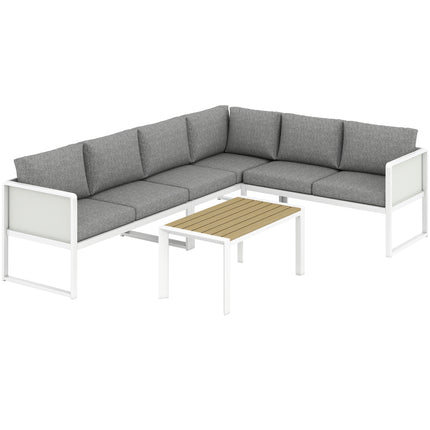6 Seater Metal Garden Furniture Corner Sofa Set with 3 Loveseats, Faux Wood Table, Texteline Seat, Cushions, White