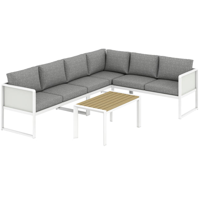 6 Seater Metal Garden Furniture Corner Sofa Set with 3 Loveseats, Faux Wood Table, Texteline Seat, Cushions, White