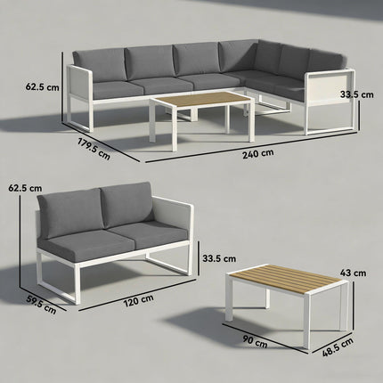 6 Seater Metal Garden Furniture Corner Sofa Set with 3 Loveseats, Faux Wood Table, Texteline Seat, Cushions, White