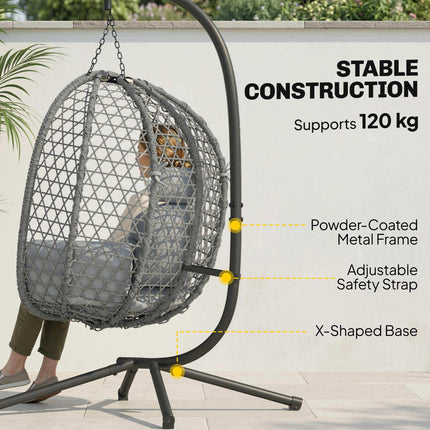 Hanging Egg Chair, Indoor Outdoor Rattan Hammock Swing Chair with Stand, Safety Strap, Foldable Basket, Dark Grey