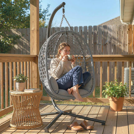 Hanging Egg Chair, Indoor Outdoor Rattan Hammock Swing Chair with Stand, Safety Strap, Foldable Basket, Dark Grey