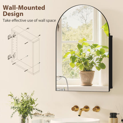 Bathroom Mirror Cabinet with Mirror, Arched Wall Mounted Bathroom Cabinet with Storage Shelves, Black