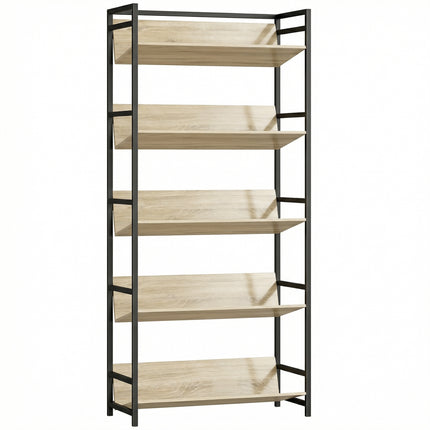 Bookshelf 5-Tier Metal Frame Bookcase Storage Shelves for Living Room Oak