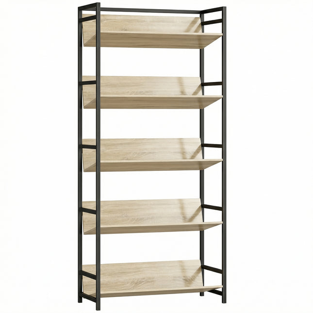 Bookshelf 5-Tier Metal Frame Bookcase Storage Shelves for Living Room Oak