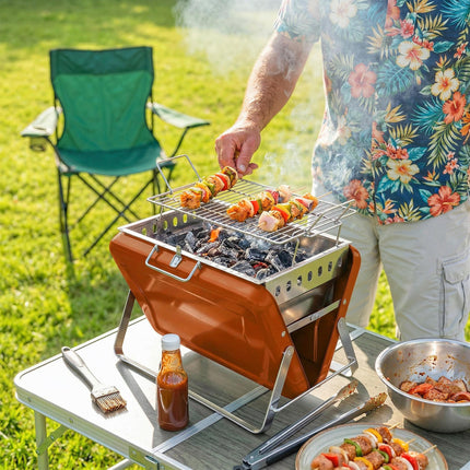 Charcoal BBQ Grill Portable Stainless Steel Barbecue with Tilting Grate for Camping Picnic Garden Orange